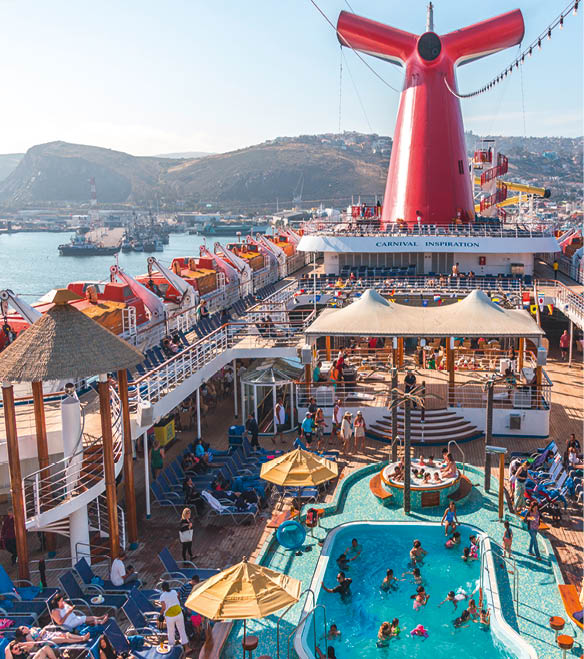 ENSENADA, MEXICO - MAY, 31, 2015: An aerial view of a cruise ship Carnival Inspiration pool area in Ensenada port