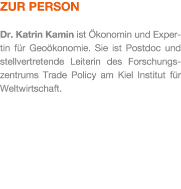 Zur Person Dr. Katrin Kamin ist konomin und Expertin f r Geo konomie. Sie ist Postdoc und stellvertretende Leiterin ...