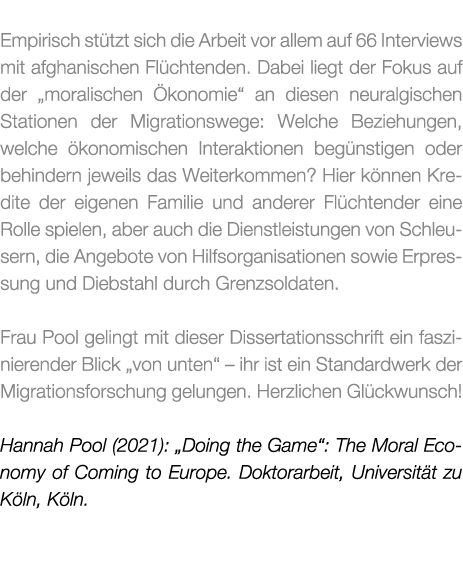  Empirisch st tzt sich die Arbeit vor allem auf 66 Interviews mit afghanischen Fl chtenden. Dabei liegt der Fokus auf...