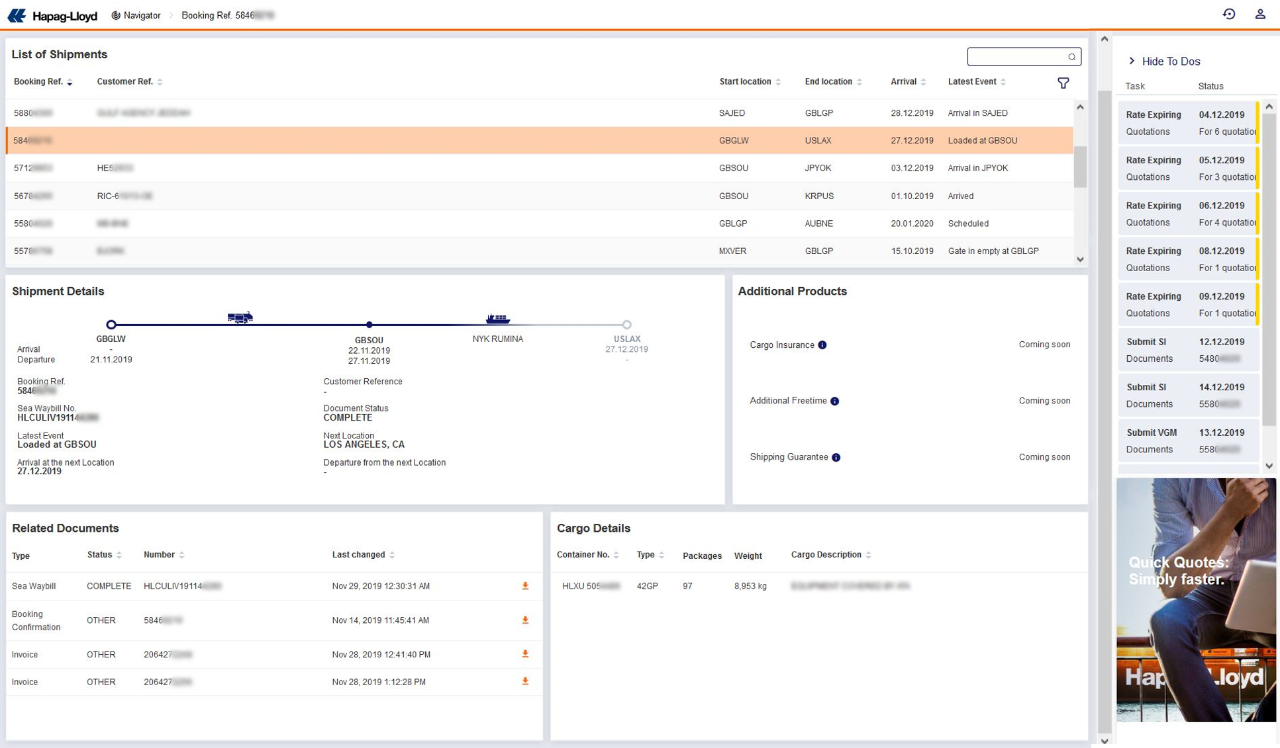 hapag lloyd navigator screenshot dashboard
