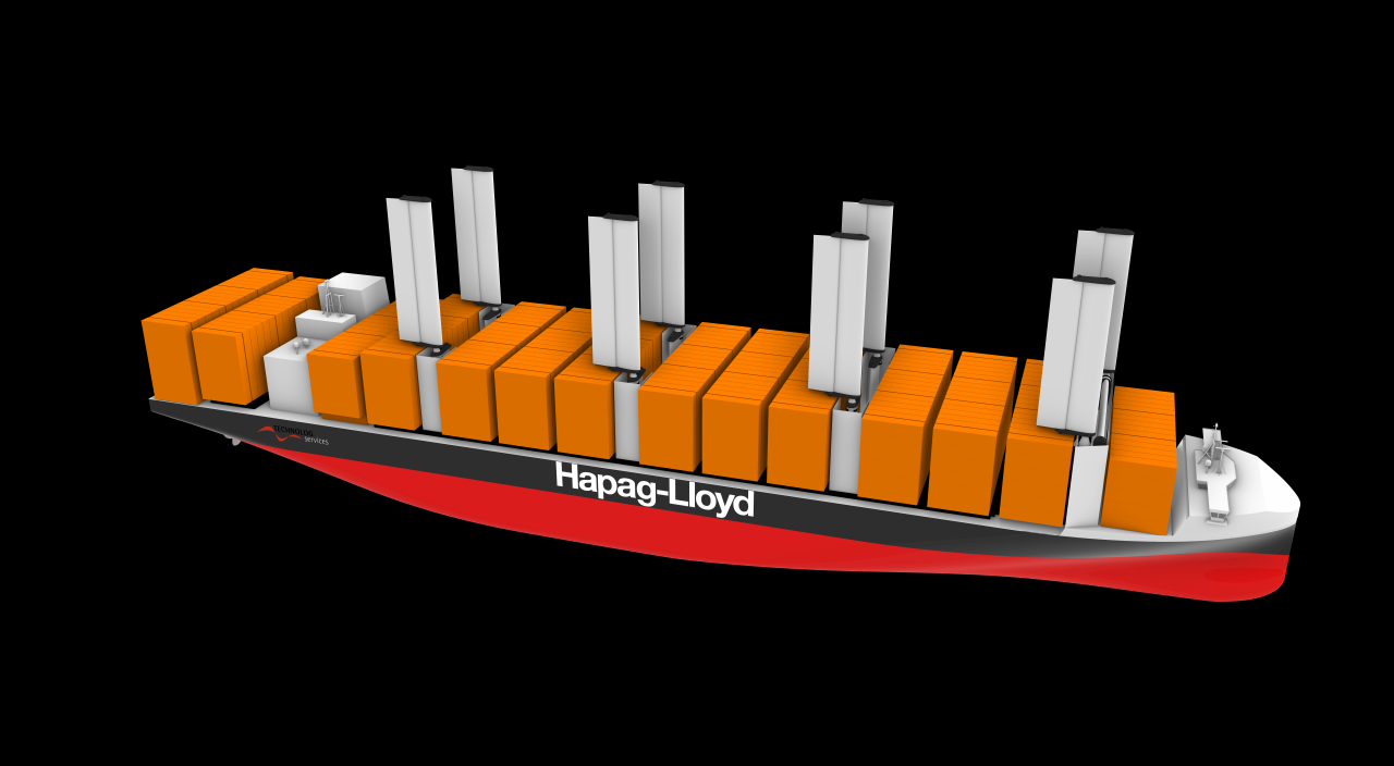 This is how a wind-assisted propulsion vessel of Hapag-Lloyd could look like. At the moment we are examining the option via a research project. The project consortium includes the engineering and consultant company TECHNOLOG services, the sail technology provider AYRO and also Team Malizia, the professional offshore sailing team around Boris Herrmann.