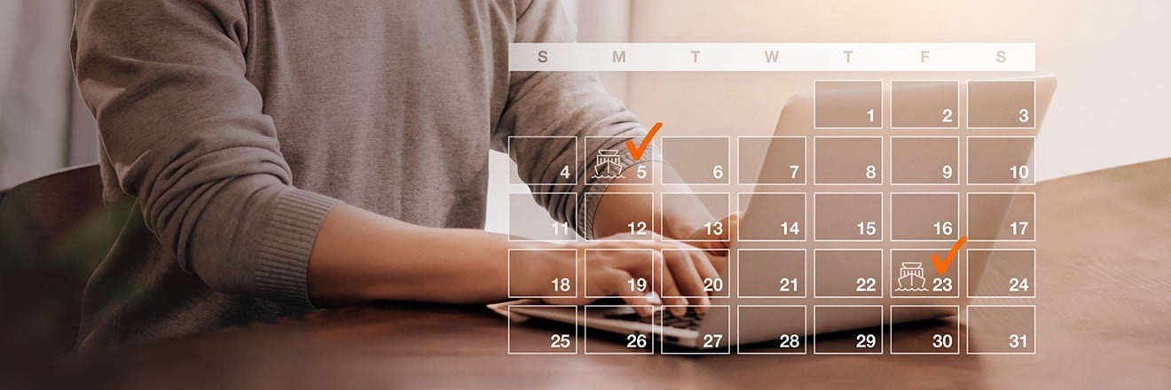 Quick Quotes Spot with Hapag-Lloyd. A person is typing something on a computer from Hapag-Lloyd. The front of the picture is characterized with a calendar and orange arrows as well as ship icons.