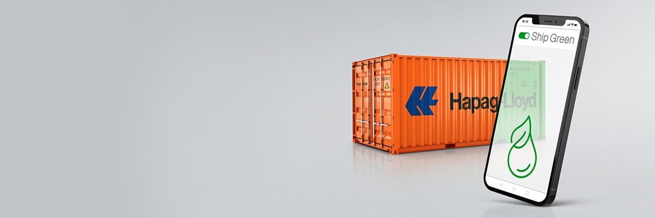 Grey background with a Hapag-Lloyd container and a smartphone that has the new Ship Green product switched on.