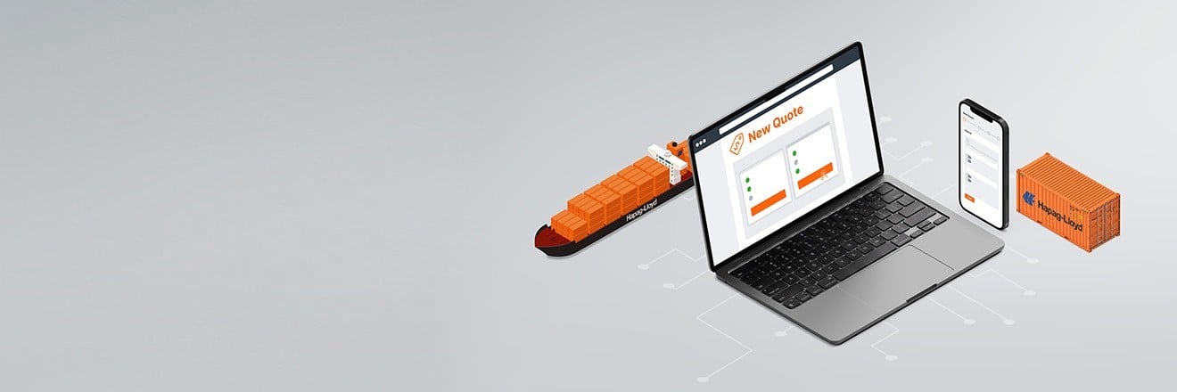 container ship in front of a screen mockup on gray background.