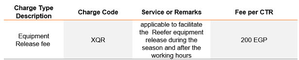 Egypt Reefer Equip Release Fee