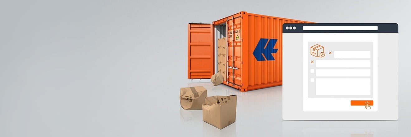 Container with damaged boxes in front and Cargo Claims web form to file requests.