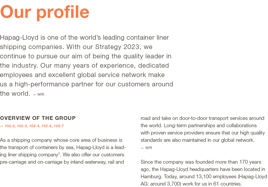  Our profile Hapag-Lloyd is one of the world s leading container liner shipping companies  With our Strategy 2023, we   