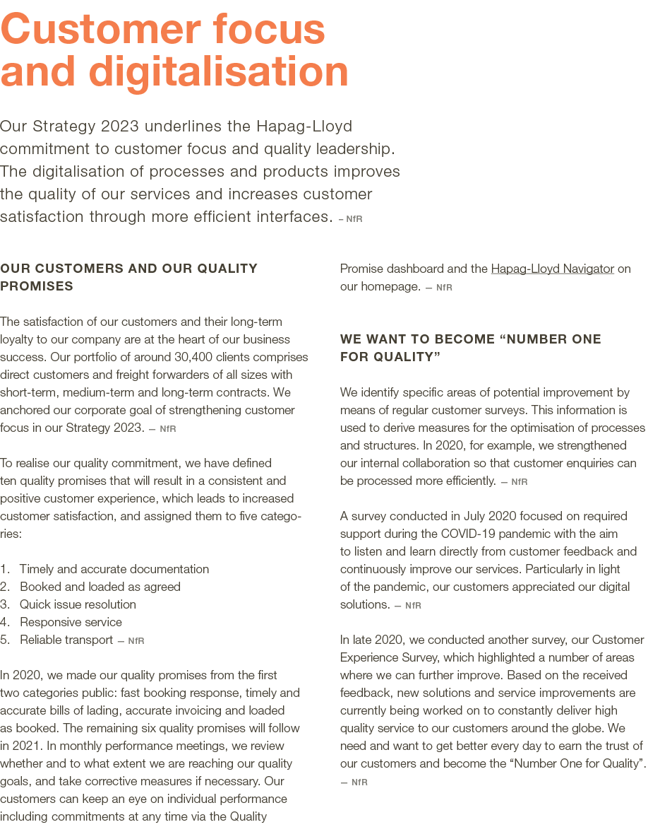  Customer focus and digitalisation Our Strategy 2023 underlines the Hapag-Lloyd commitment to customer focus and qual   