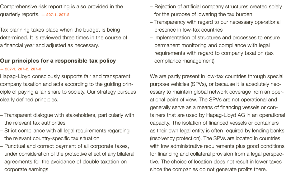 Comprehensive risk reporting is also provided in the quarterly reports  — 207-1, 207-2  Tax planning takes place when   