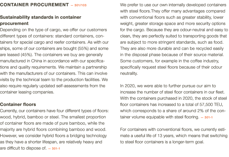 Container procurement — 301 103 Sustainability standards in container  procurement Depending on the type of cargo, we   