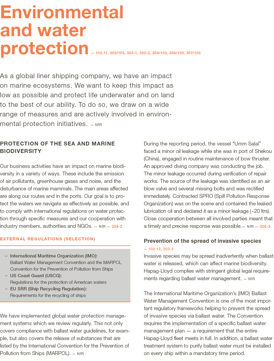  Environmental and water protection —  102-11, 303 103, 303-1, 303-2, 304 103, 306 103, 307 103 As a global liner shi   