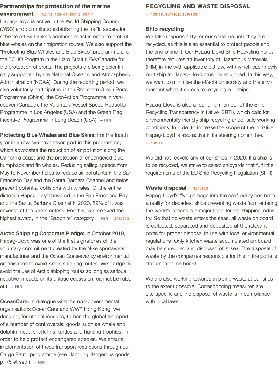 Partnerships for protection of the marine  environment — 102-12,  102-44, 304-2, 304-4 Hapag-Lloyd is active in the W   