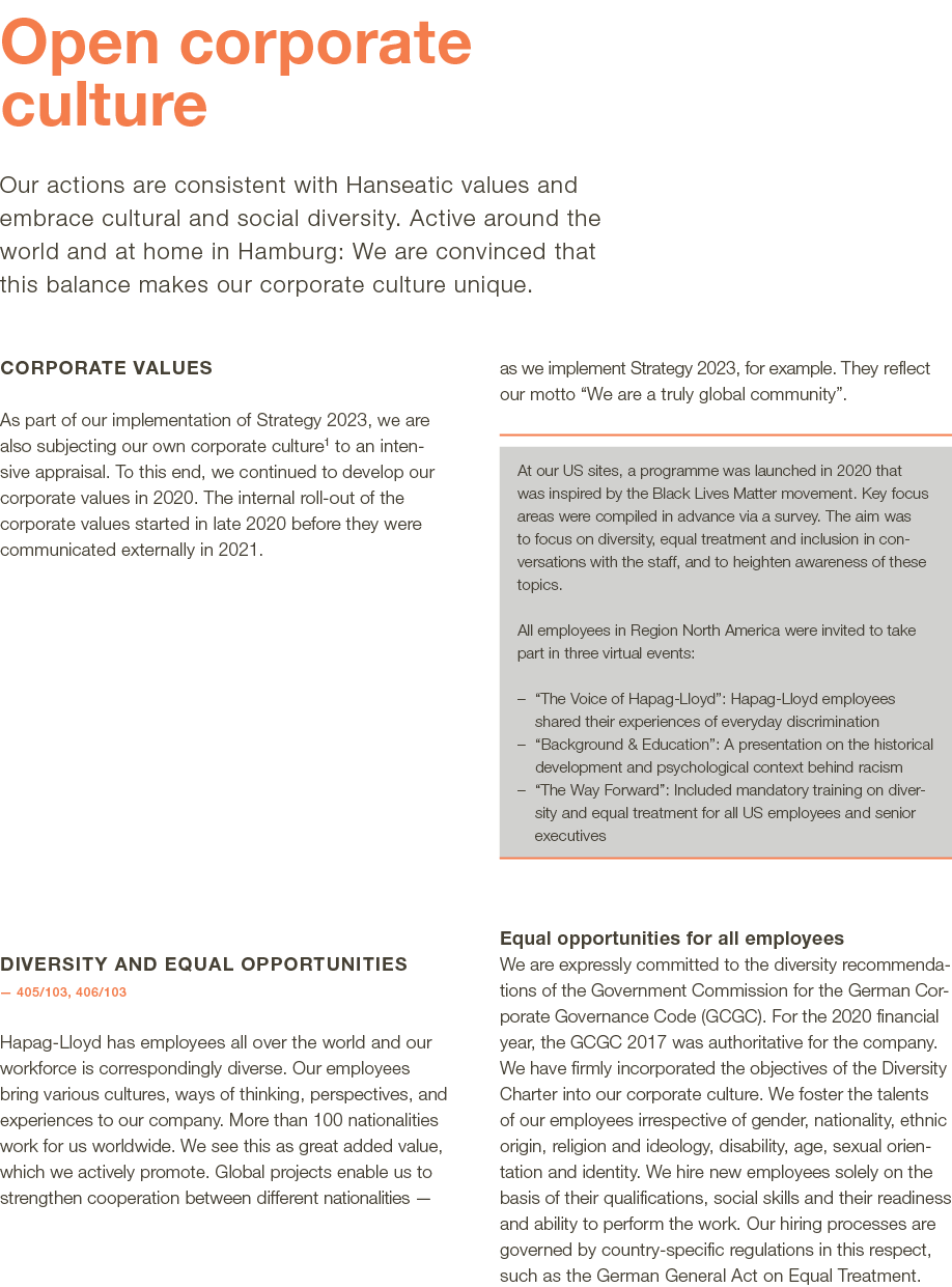  Open corporate culture Our actions are consistent with Hanseatic values and embrace cultural and social diversity  A   