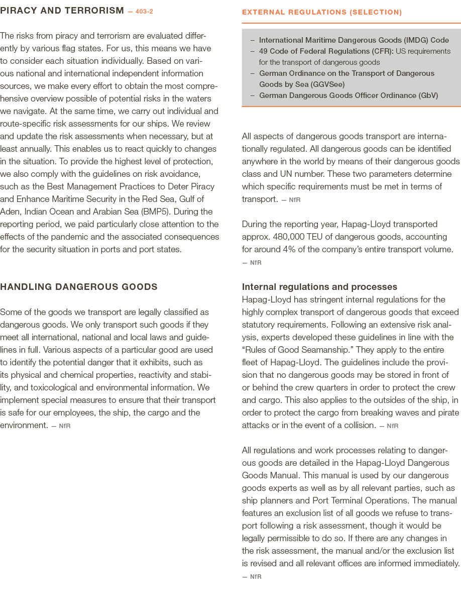  Piracy and terrorism — 403-2 The risks from piracy and terrorism are evaluated differently by various flag states  F   