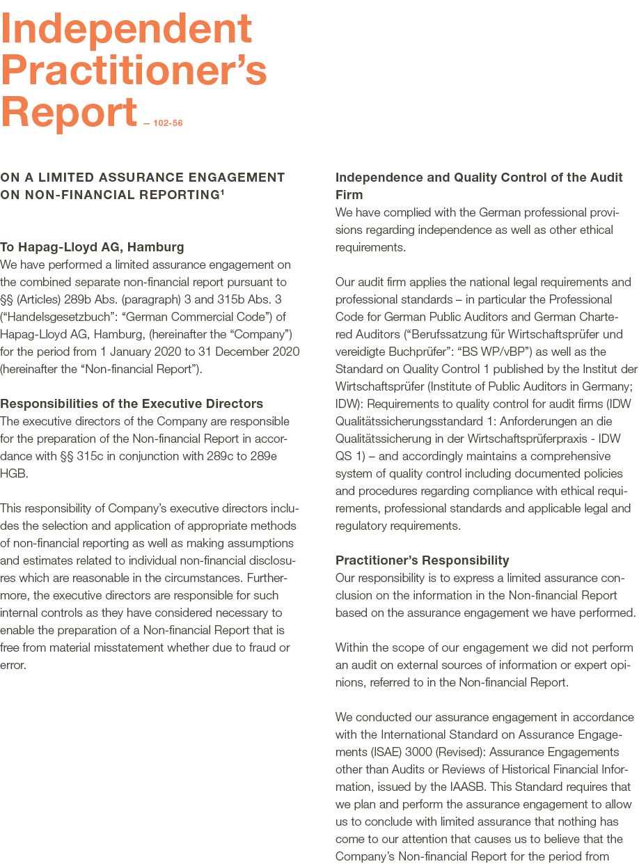  Independent Practitioner s Report — 102-56 on a Limited Assurance Engagement on Non-financial Reporting1 To Hapag-Ll   