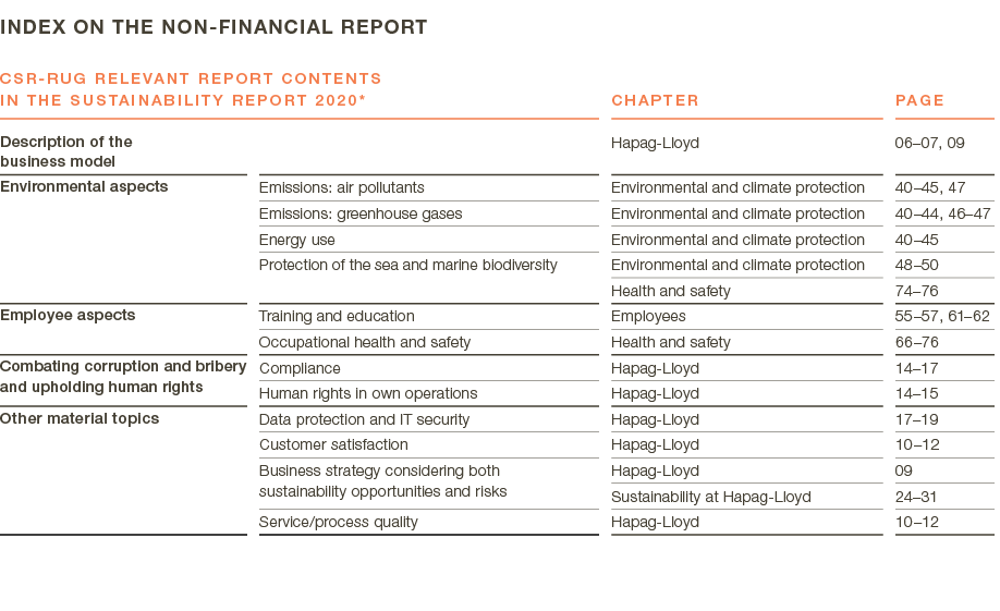 INDEX ON THE NON-FINANCIAL REPORT  