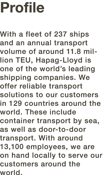 Profile With a fleet of 237 ships and an annual transport volume of around 11 8 million TEU, Hapag-Lloyd is one of th   