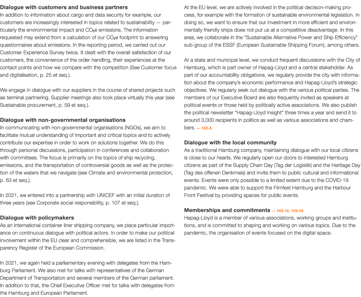 Dialogue with customers and business partners In addition to information about cargo and data security for example, o   