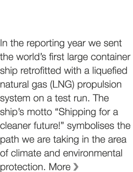 In the reporting year we sent the world s first large container ship retrofitted with a liquefied natural gas (LNG) p   
