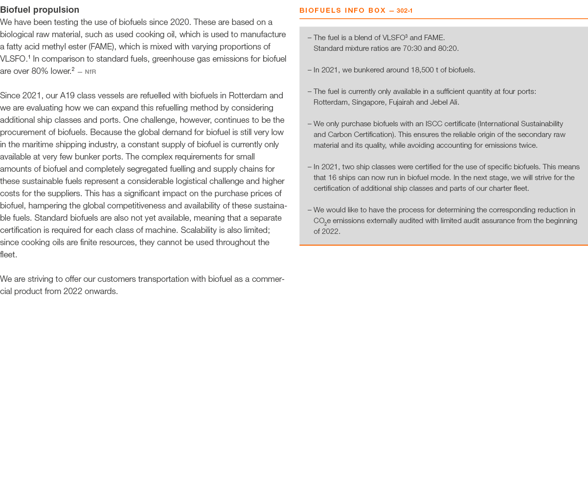 Biofuel propulsion We have been testing the use of biofuels since 2020  These are based on a biological raw material,   