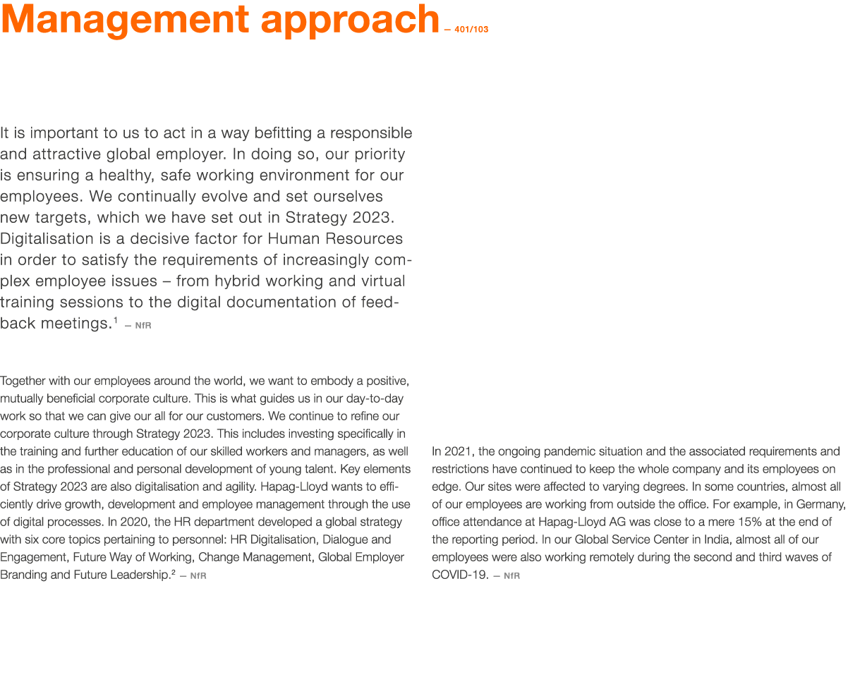 Management approach — 401 103 It is important to us to act in a way befitting a responsible and attractive global emp   