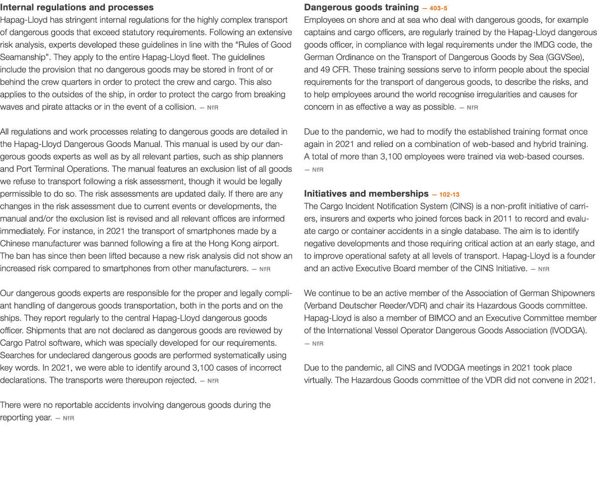 Internal regulations and processes Hapag-Lloyd has stringent internal regulations for the highly complex transport of   