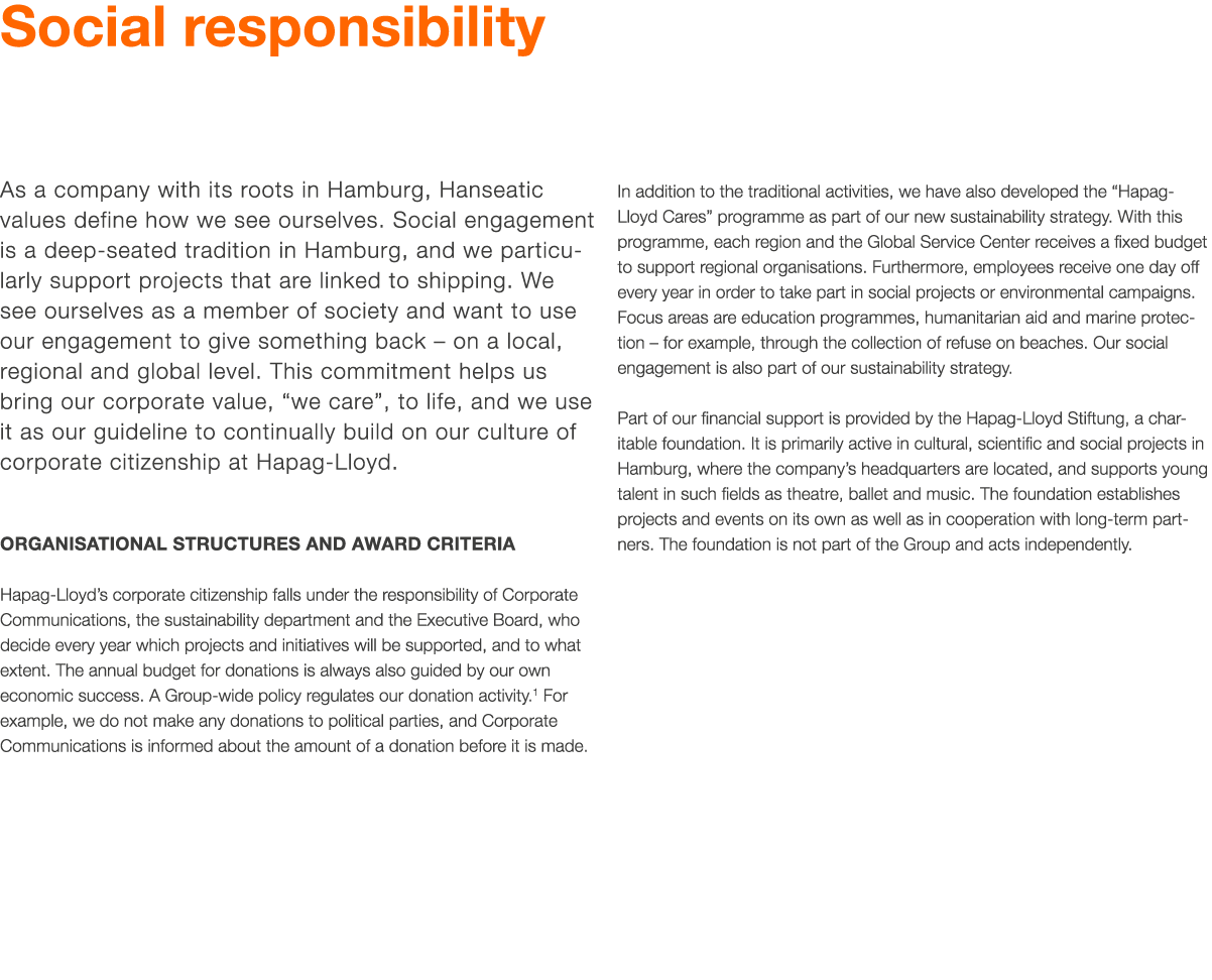 Social responsibility As a company with its roots in Hamburg, Hanseatic values define how we see ourselves  Social en   