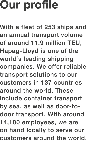 Our profile With a fleet of 253 ships and an annual transport volume of around 11 9 million TEU, Hapag-Lloyd is one o   