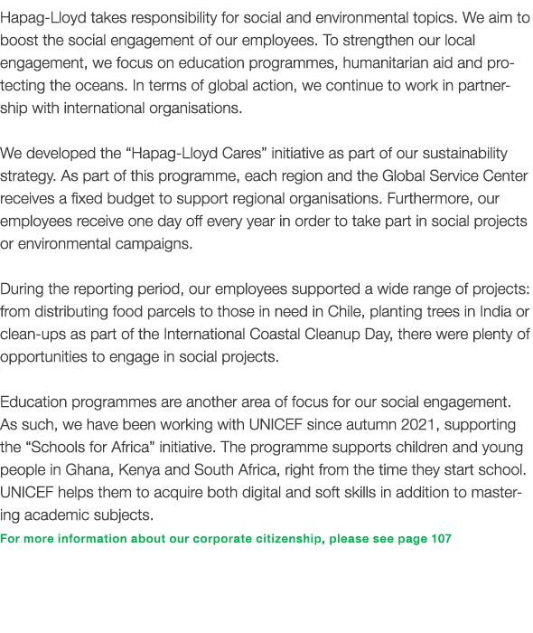 Hapag-Lloyd takes responsibility for social and environmental topics  We aim to boost the social engagement of our em   