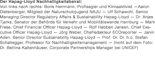 Der Hapag Lloyd Nachhaltigkeitsbeirat: Von links nach rechts: Boris Herrmann, Profisegler und Klimaaktivist —Aaron Di...