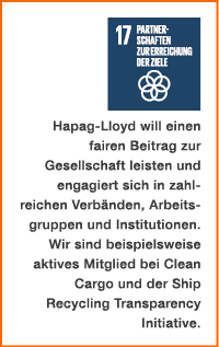 ￼ Hapag Lloyd will einen fairen Beitrag zur ­Gesellschaft leisten und engagiert sich in zahl­reichen Verb nden, Arbei...