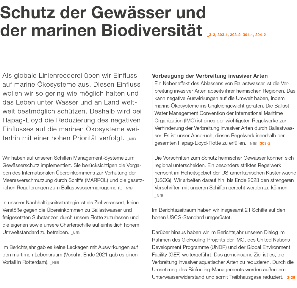 Schutz der Gew sser und der marinen Biodiversit t _3 3, 303 1, 303 2, 304 1, 304 2 Als globale Linienreederei ben wi...