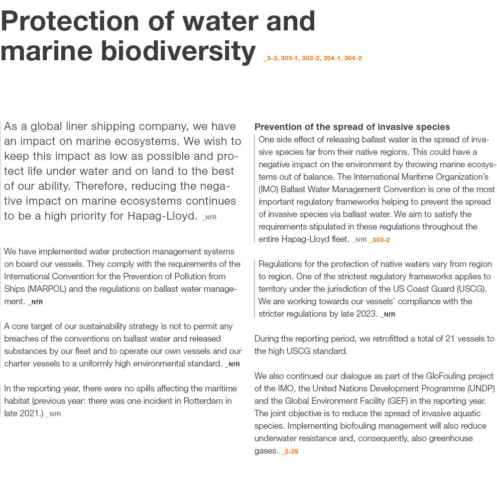 Protection of water and marine biodiversity _3 3, 303 1, 303 2, 304 1, 304 2 As a global liner shipping company, we h...