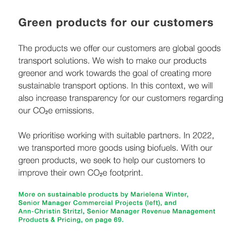Green products for our customers The products we offer our customers are global goods transport solutions. We wish to...
