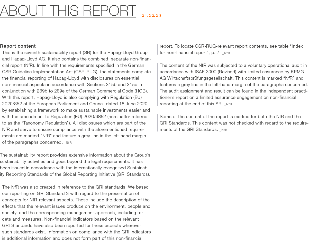 about this report _2 1, 2 2, 2 3 Report content This is the seventh sustainability report (SR) for the Hapag Lloyd Gr...