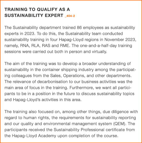 Training to qualify as a sustainability expert _404 2 The Sustainability department trained 86 employees as sustainab...